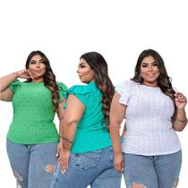 Kit 3 blusas laise plus size manga 2 babados moda feminina elegante