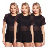 Kit 3 Blusas Manga Curta Tule Transparente Fitness Academia Kit 3 Blusas Manga Curta Tule Transparente Fitness Academia
