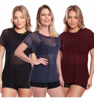 Kit 3 Blusas Manga Curta Tule Transparente Fitness Academia
