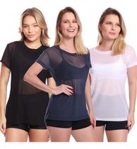 Kit 3 Blusas Manga Curta Tule Transparente Fitness Academia