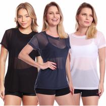 Kit 3 Blusas Manga Curta Tule Transparente Treino Academia Fitness