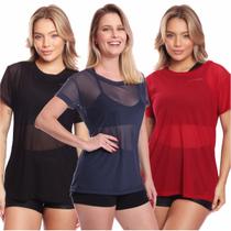 Kit 3 Blusas Manga Curta Tule Transparente Treino Academia Fitness