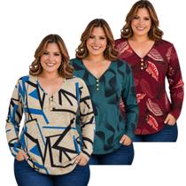 Kit 3 Blusas Manga Longa Estampadas Malha Fria Plus Feminina Kit 3 Blusas Manga Longa Estampadas Malha Fria Plus Feminina