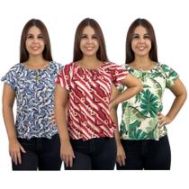 Kit 3 Blusas Moda Ciganinha Estampadas Manga Curta Ombro a Ombro
