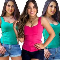 Kit 3 Blusas modeladora mulher lisa suplex bojo alça larga