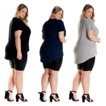 Kit 3 Blusas Mullet Feminina Plus Size Preto - Mescla - Marinho 1126