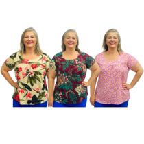 Kit 3 Blusas Plus Size Moda Evangélica Senhora Manga Curta Estampadas Kit 3 Blusas Plus Size Moda Evangélica Senhora Manga Curta Estampadas