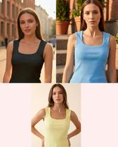 Kit 3 Blusas Regatas Caneladas Básica Alça Larga Zanca Modas Tamanho:GCor:Preto/Azul/Amarelo