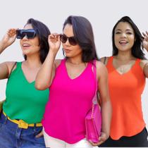 Kit 3 Blusas Regatas Femininas Básica Alça Larga Crepe Duna Julia