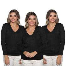 Kit 3 Blusas Suéter Feminino Tricot Trançado Gola V Inverno