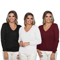 Kit 3 Blusas Suéter Feminino Tricot Trançado Gola V Inverno