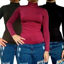 Kit 3 Blusinhas Femininas Gola Alta Manga Longa Justas Cores Sortidas Suplex Pp ao Plus Size