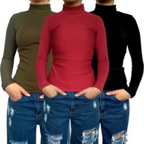 Kit 3 Blusinhas Femininas Gola Alta Manga Longa Justas Lisas Cores Sortids Malha Crepe Pp Plus Size