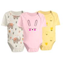 Kit 3 Body Bebê Estampado Manga Curta Algodão Menina P M G