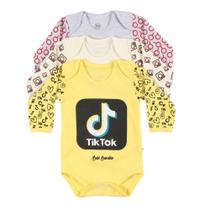 Kit 3 Body Bebê Estampado Neutro Tik Tok 100% Algodão