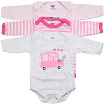 Kit 3 body bebê manga longa 100% algodão feminino doctor baby 01-041