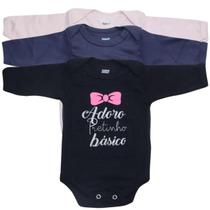 Kit 3 body bebê manga longa feminino frases 100% algodão doctor baby 01-025