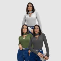 Kit 3 Body Blusinha Manga Longa Gola Choker Detalhe Argola Inverno Elegante