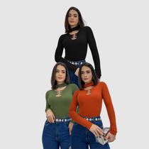 Kit 3 Body Blusinha Manga Longa Gola Choker Detalhe Argola Inverno Elegante
