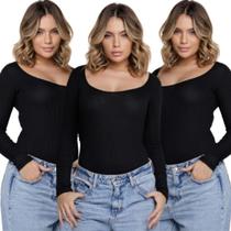 KIT 3 Body Canelado Manga Longa Vekyo Roupa Blogueira Moda Gringa Feminina KIT 3 Body Canelado Manga Longa Vekyo Roupa Blogueira Moda Gringa Feminina