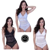 Kit 3 Body de Renda Feminino Decotado sem Bojo Decote - c1 KIT 3 BODY LUIZA PRETO FROZEN E BRANCO