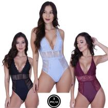 Kit 3 Body de Renda Sem Bojo Com Decote Profundo-c4 KIT 3 BODY POCAH PRETO FROZEN BORDO
