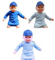 Kit 3 Body lisos Manga Longa Bebê meninos Azul Cobalto, Acinzentado e claro - Bicho Molhado