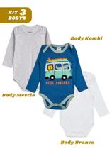 Kit 3 Body Manga Longa Kombi Branco Mescla Algodão Kit 3 Body Manga Longa Kombi Branco Mescla Algodão