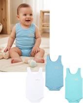 Kit 3 Body regata para bebê em algodão Cor:Azul Branco TurquesaTamanho:G Kit 3 Body regata para bebê em algodão Cor:Azul Branco TurquesaTamanho:G