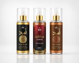 Kit 3 Body Splash Árabe Sabah, Asad Black e Bourbon 200 ml Feminino e Masculino Perfume Colonia Corporal