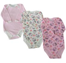 Kit 3 Bodys de Bebê Antialérgico Manga Longa Estampado/Listrado Menina Kit 3 Bodys de Bebê Antialérgico Manga Longa Estampado/Listrado Menina