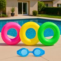 Kit 3 Boia Infantil Criança Circular Coloridas 3 Peças 60cm + Óculos de Natação Infantil