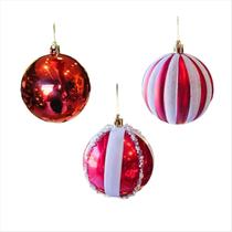 Kit 3 Bola De Natal Com Linhas Em Glitter Vermelha E Branca Enfeite Natalino 8Cm
