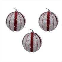 Kit 3 Bola De Natal Linha Glitter Vermelho Branco 10Cm