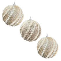 Kit 3 Bola Natal Decorativa Bege 10cm Glitter Pérolas Luxo