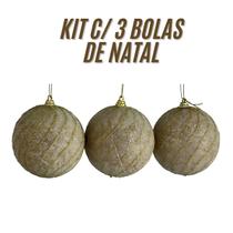 Kit 3 Bola Natal Dourada Grande Enfeite Natalino 8cm Detalhe com Glitter cintilante em espiral