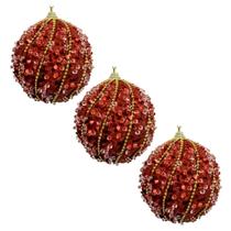 Kit 3 Bola Natal Vermelha 10cm Decoradas Glitter Brilho Paetês Detalhes Dourados Luxo