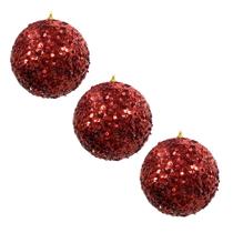 Kit 3 Bola Natalina Vermelha 10cm com Paetês Lantejoulas Brilhantes Enfeite Luxo Para Árvore de Natal