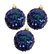 Kit 3 Bolas de Natal Azul 8 cm com Glitter e Lantejoula Luxo Tok da Casa