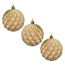 Kit 3 Bolas de Natal Champagne com Glitter Dourado 08cm Enfeite Árvore Decoração Luxo Natalino