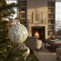 Kit 3 Bolas De Natal Decorada Luxo Branca Folhagem Verde 8cm