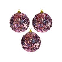Kit 3 Bolas de Natal Rosa com Glitter 8 cm Enfeite Natalino Tok da Casa