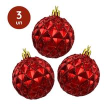 Kit 3 Bolas de Natal Vermelhas com Glitter Texturizadas Enfeite para Árvore de Natal 6cm