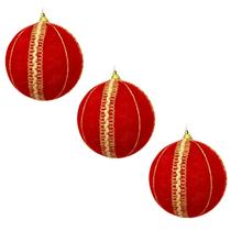 Kit 3 Bolas Natal 10cm Vermelha Bordada Enfeite Luxo Árvore