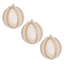 Kit 3 Bolas Natal Decorativas Bege Bordado Dourado 10cm Luxo Kit 3 Bolas Natal Decorativas Bege Bordado Dourado 10cm Luxo