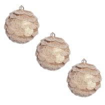 Kit 3 Bolas Natal Pinha Glitter Champanhe 8cm Enfeite Luxo