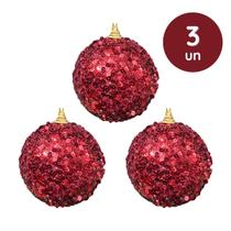 Kit 3 Bolas Natal Vermelhas Paetê Brilho Enfeite Árvore 8cm
