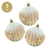 Kit 3 Bolas Natalinas 8cm Brancas Glitter Paetês Lantejoulas e Pedrarias Luxo para Árvore Decorativo