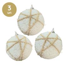 Kit 3 Bolas Natalinas Brancas 10cm Glitter Enfeite Árvore com Brilho e Cordão para Decoração