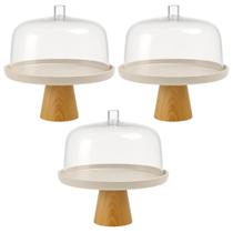 Kit 3 Boleiras Porta Bolos com Cúpula e Pé 25x22cm Bege Lume